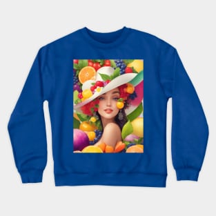 А woman with a white hat and some colorful fruity Crewneck Sweatshirt